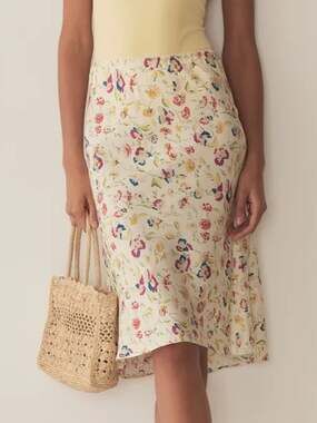 Doen Elowette Silk Bias Slip Long Midi Skirt Windswept Blooms Cream Floral